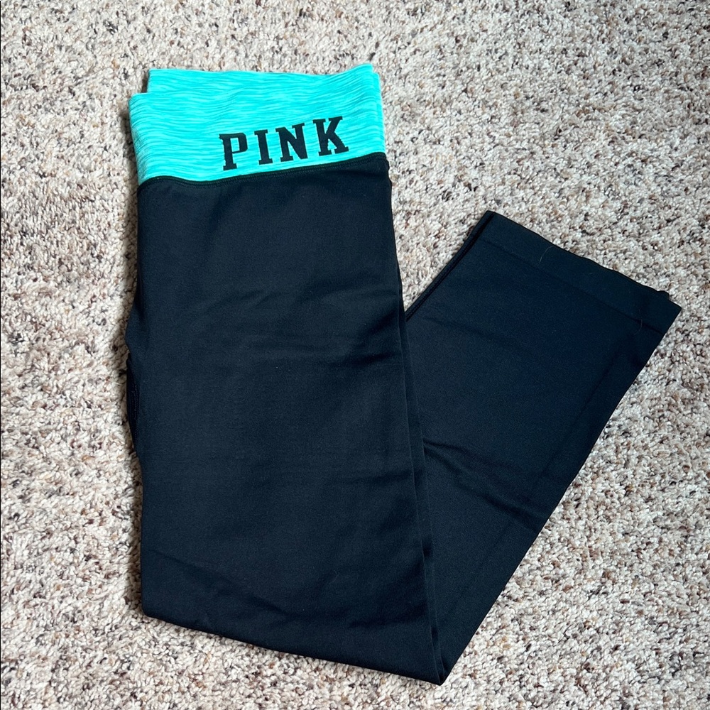 PINK Victoria's Secret Black Leggings with Teal Waistband